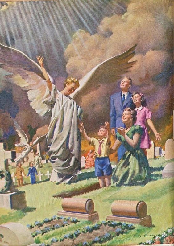 A painting by Harry Anderson depicting the First Ressurection. An angel leans down to help pull a young boy from an open grave. His family stands behind smiling and raising their hands towards heaven. Other similar scenes play out in the cemetery behind them.